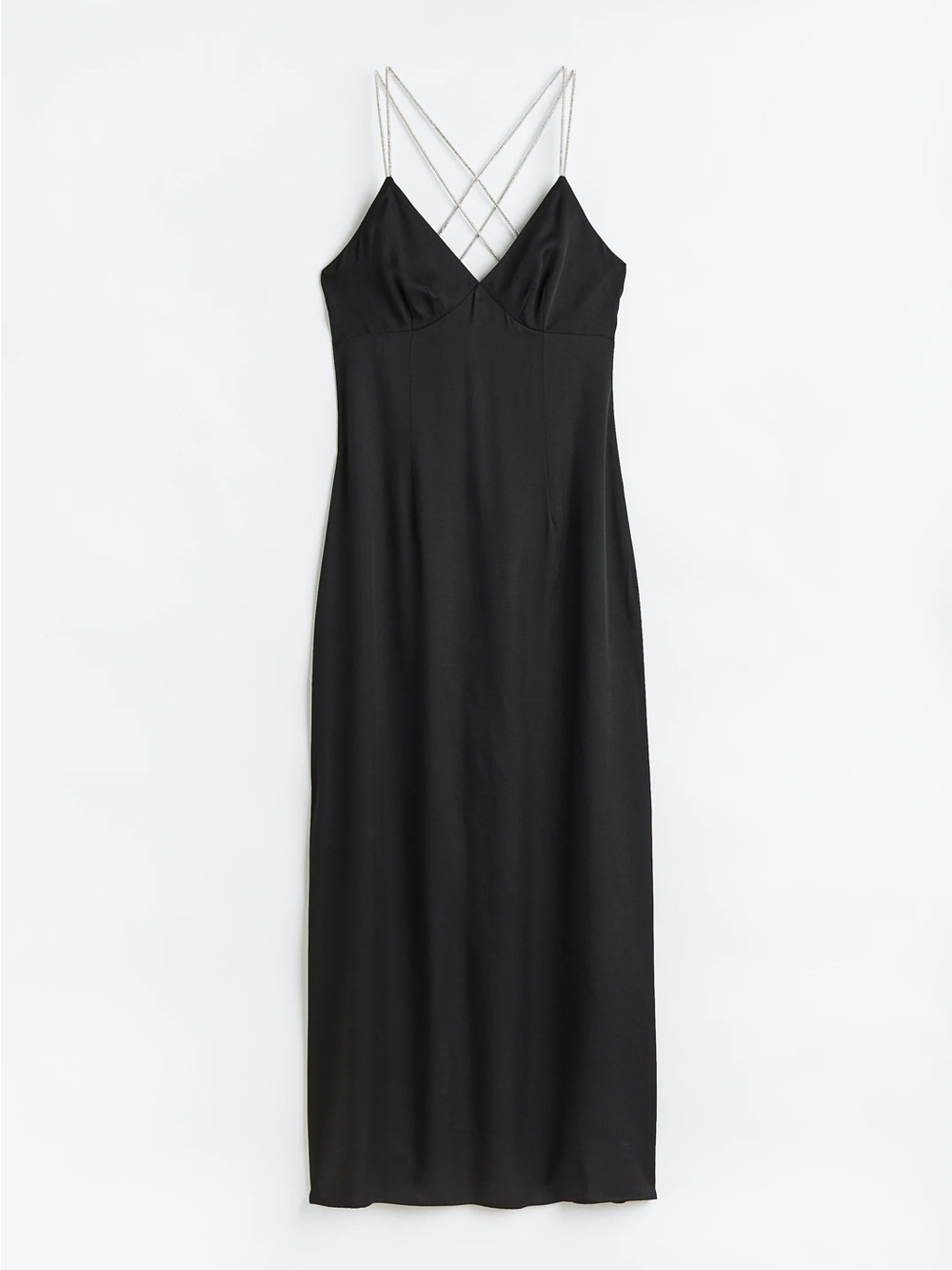 NWT SOLD OUT H&M Double Rhinestone Strap Black Satin Maxi Dress S